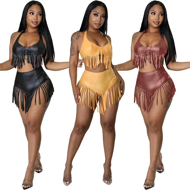 summer 2 piece women short set clothing solid color sexy high waist fringe suit club two piece shorts sets