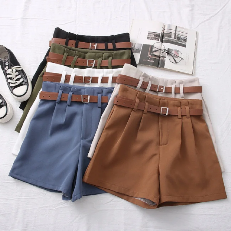 Fashion New Office Elastic Waist Shorts Women Mini High Waist Shorts With Belt Wide Leg Summer  Harajuku Korean Short