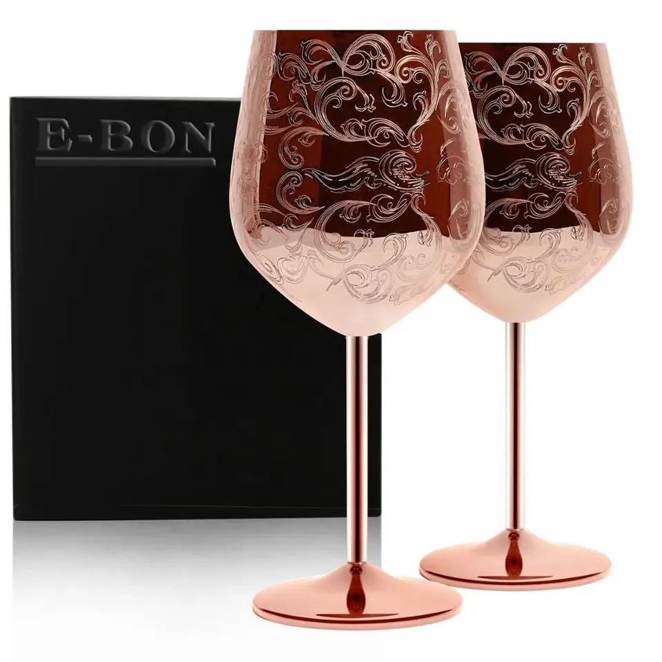 High Quality Etching Design Cocktail Champaign Glasses Food Grade 304 Stainless Steel Red Wine Cup Goblets