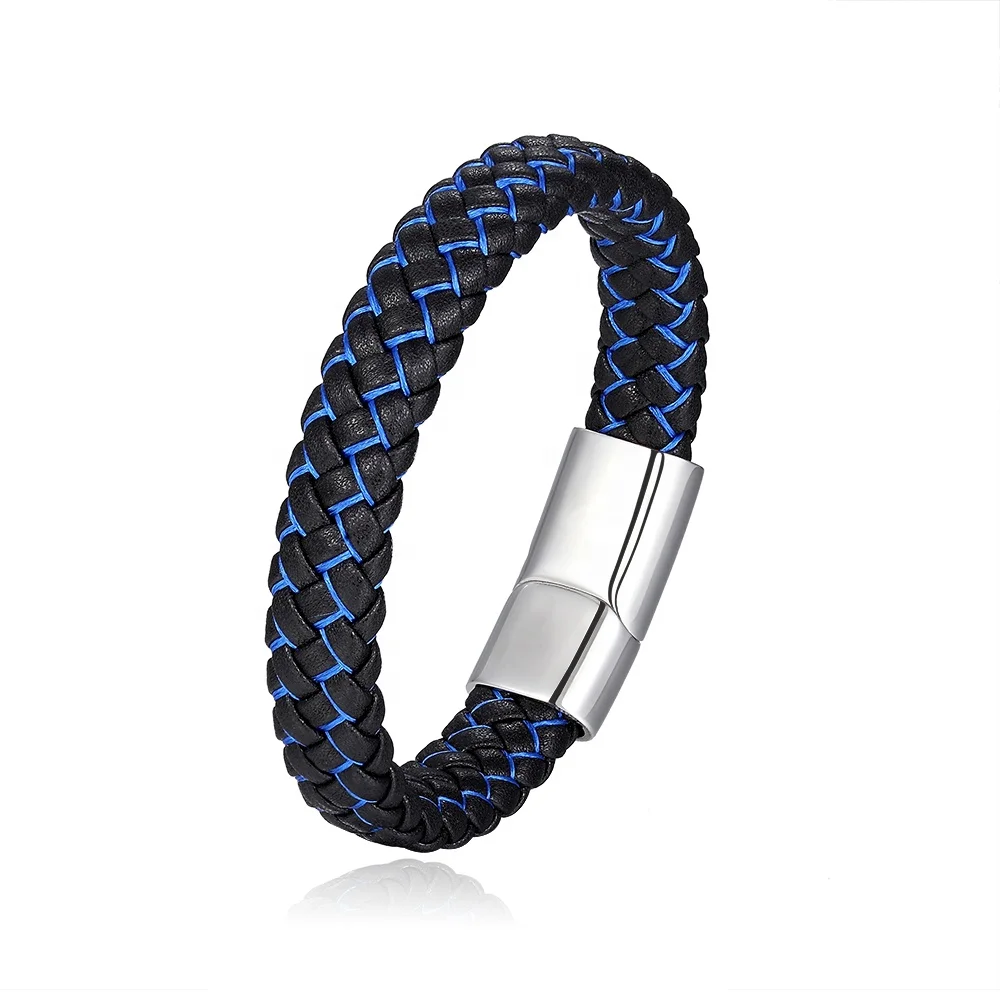 Trendy Men  2 tone  Genuine Leather magnet close stainless steel charm cool boys bangles and bracelets