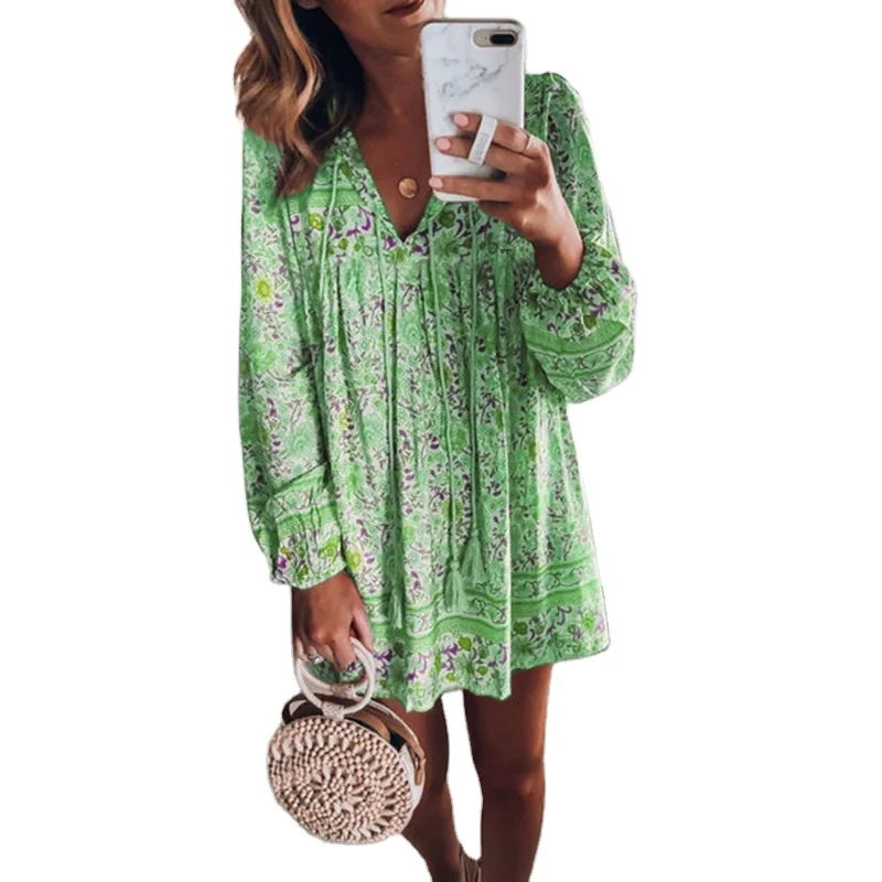 Pink Floral Print Tassel Beach Bohemian Mini Dress For Women 2022 Summer Casual Loose Tassel Lace Up Boho Beach Cotton Sundress