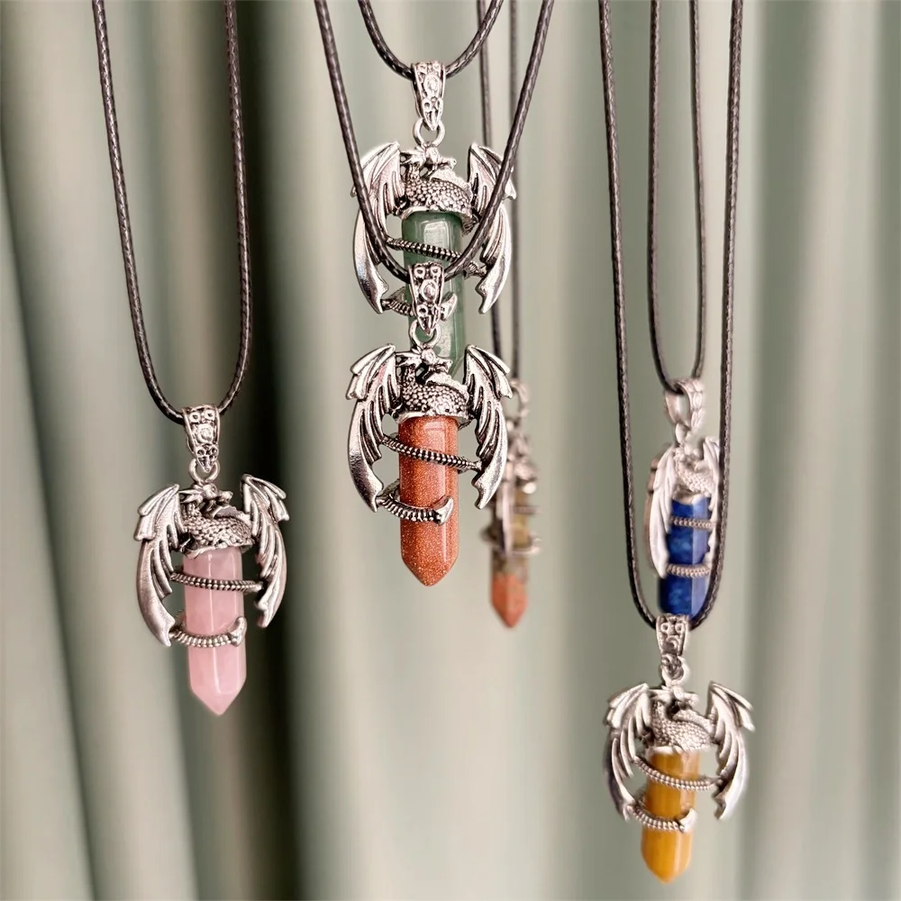 Natural amethyst powder hex prism dragon pendant men women necklaces