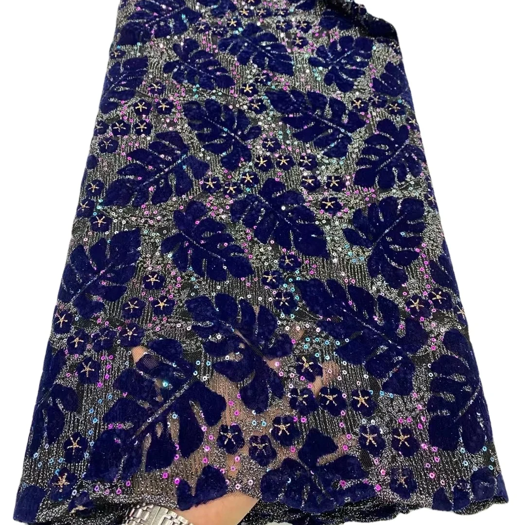 Supoo Newest Velvet Lace for Party with Sequins African Lace Fabric Unique Mesh Fabric 100% Polyester Water Soluble Embroidered