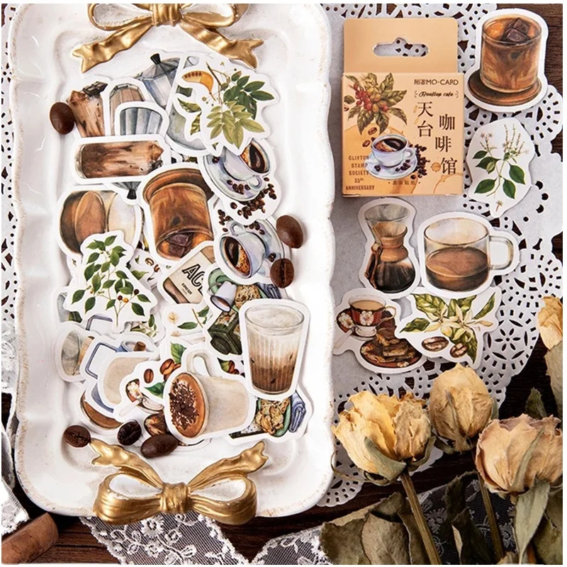 45pcs/pack Vintage Rooftop Coffee Shop Scrapbooking Planner Paper coffee Scrapbook Stickers