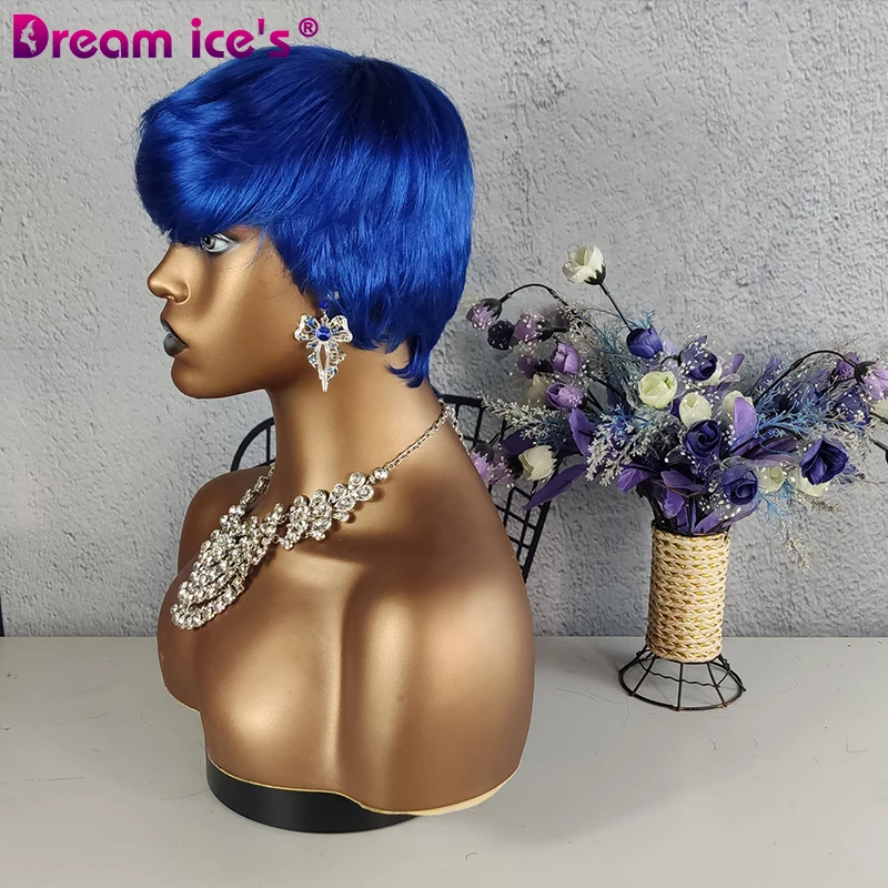 Blue 613 Honey Blonde Wig Short Wavy Bob Pixie Cut Full Machine Made Non Lace Human Hair Wigs With Bangs For Black Women Remy