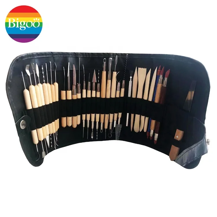 Hot Sale Set of 30pcs Wooden Handle Clay Sculpting Tools Pottery Carving DIY Modeling Tool Set in Fabric Storage Bag