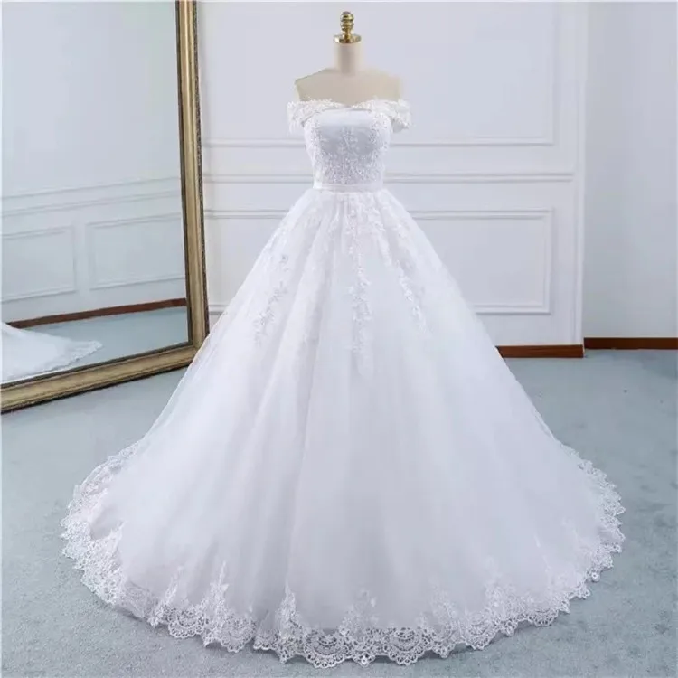 2022 New design white pure white off shoulder sexy wedding dresses bridal ball gown tail length