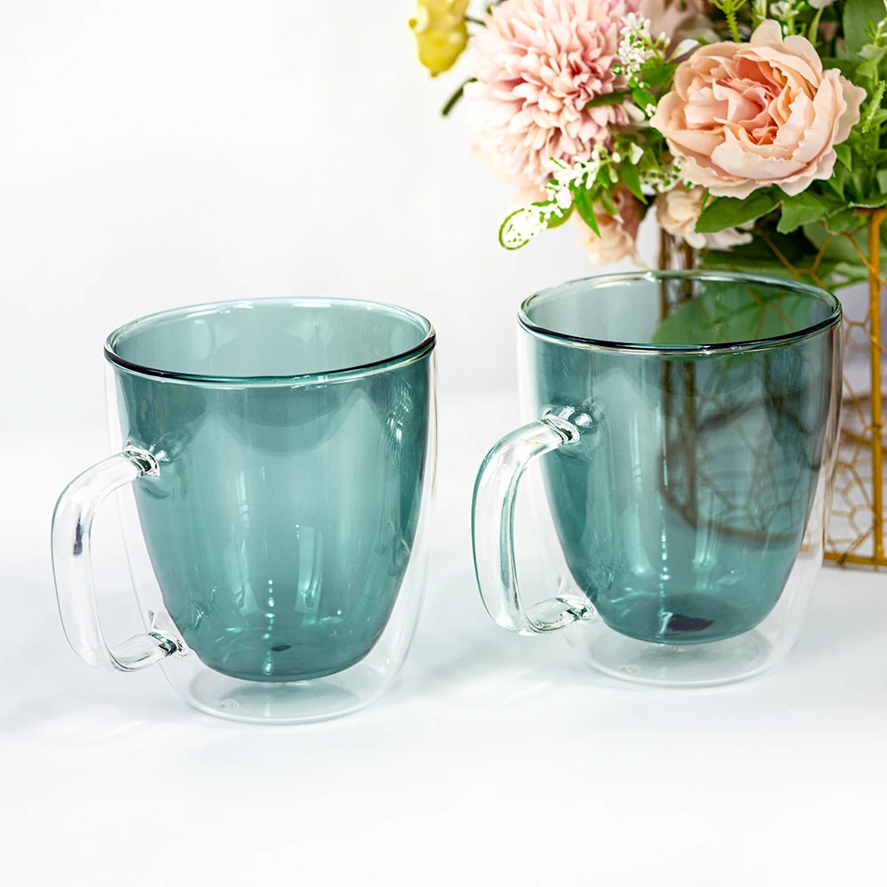 Double layer colored green high lead-free glass color glass creative coffee thermos mug Nordic fashion heat insulation mug