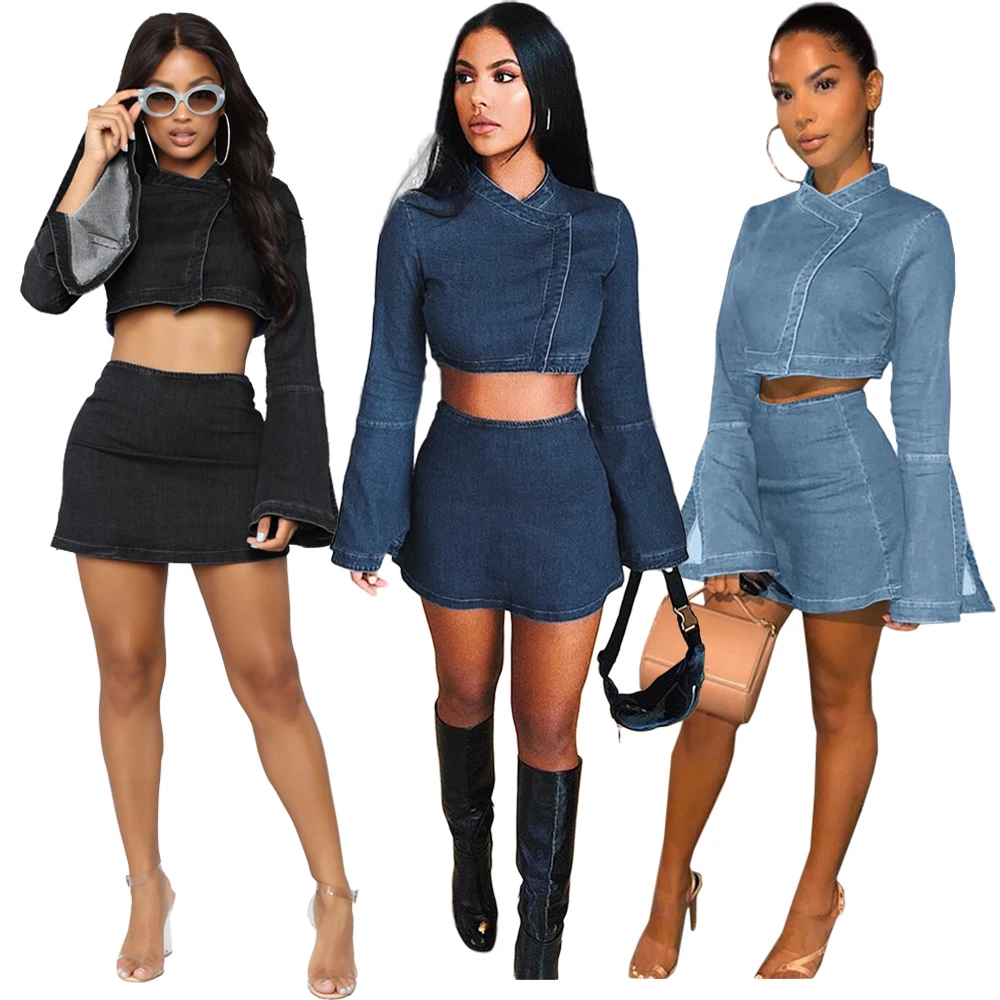 
ASL6285 fall winter denim skirt ladies two piece set solid color trumpet sleeve cropped top bag hip skirt sexy women 2 piece set 