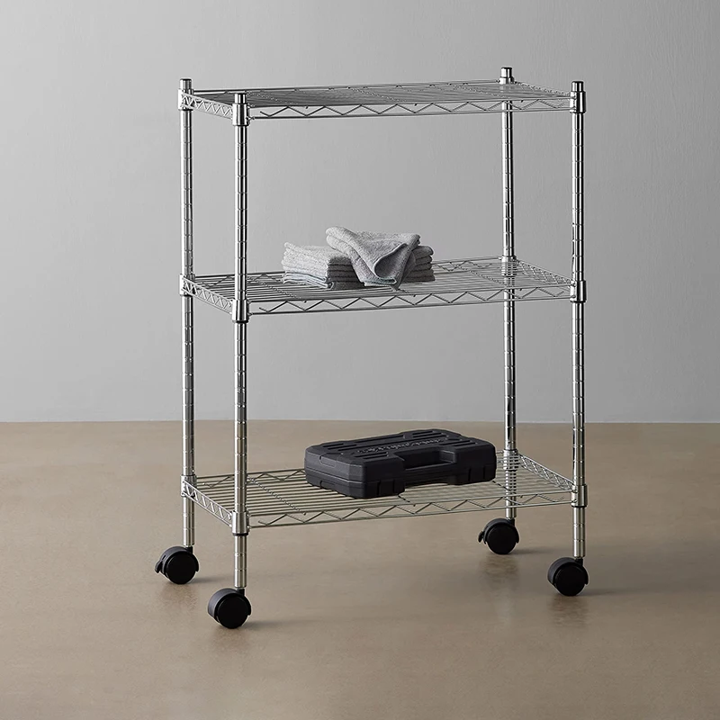 3 layer adjustable storage shelves heavy duty iron metal organizer rack  wire mesh storage rack with wheels
