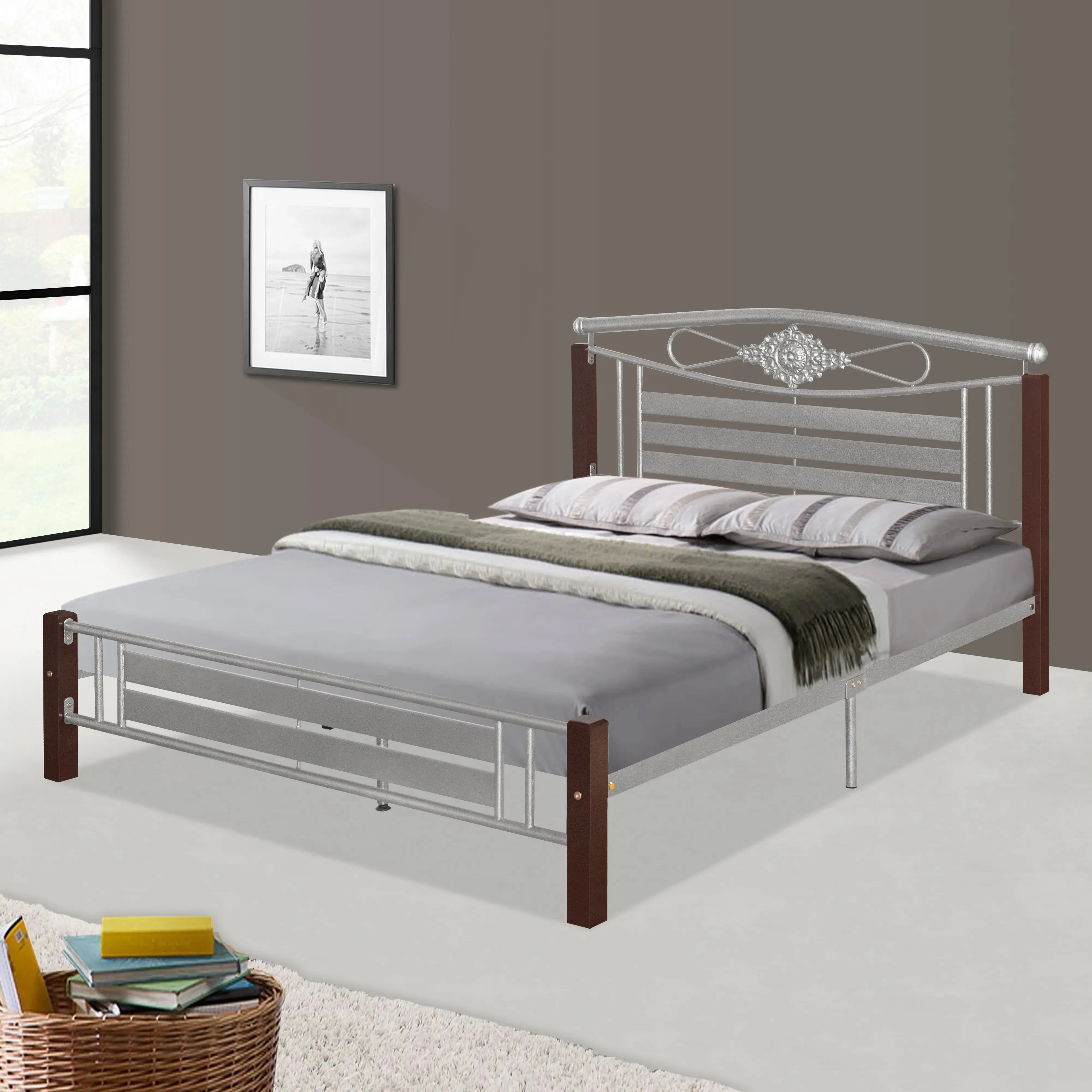 Malaysia Metal Wooden Queen Bed BF-211 Double Twin Size Iron Bed Frames with Headboard