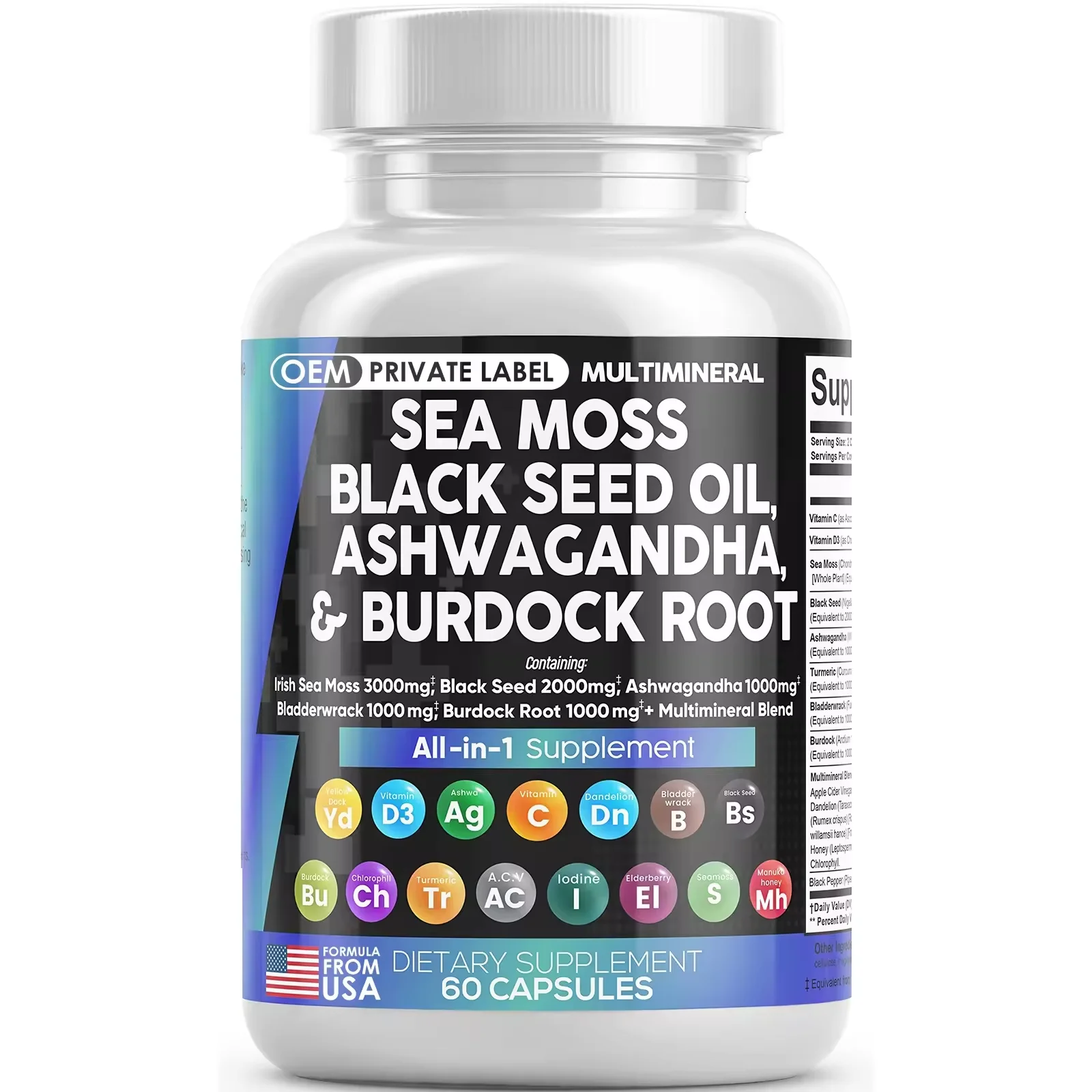 Biocaro Capsule Supplement with Sea Moss 3000mg Black Seed Oil 2000mg Ashwagandha 1000mg Bladderwrack 1000mg Burdock 1000mg