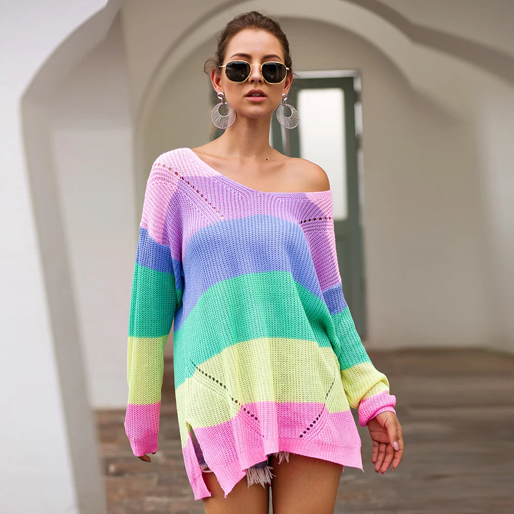 
Hot Sale Autumn And Winter Female Alpaca Sweaters Loose Off Shoulder Knit Sweaters Colorful Long Rainbow Women Pullover Sweater 