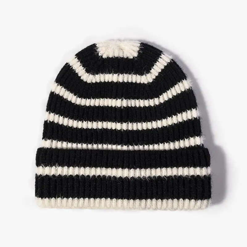 Ribbed Wool Beanie for Women Wholesale 2022 Thick Color Block Pattern Wool Winter Hat Black White Striped Toque