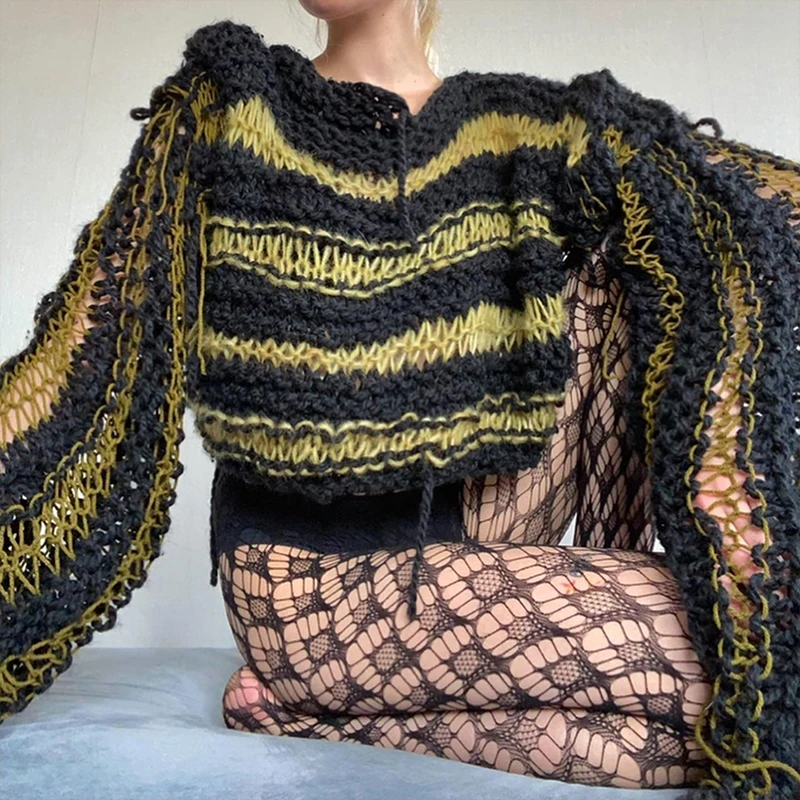 DIZNEW Sweater Custom Printed High Quality Crochet Patchwork Torn Sexy Sweater for Women