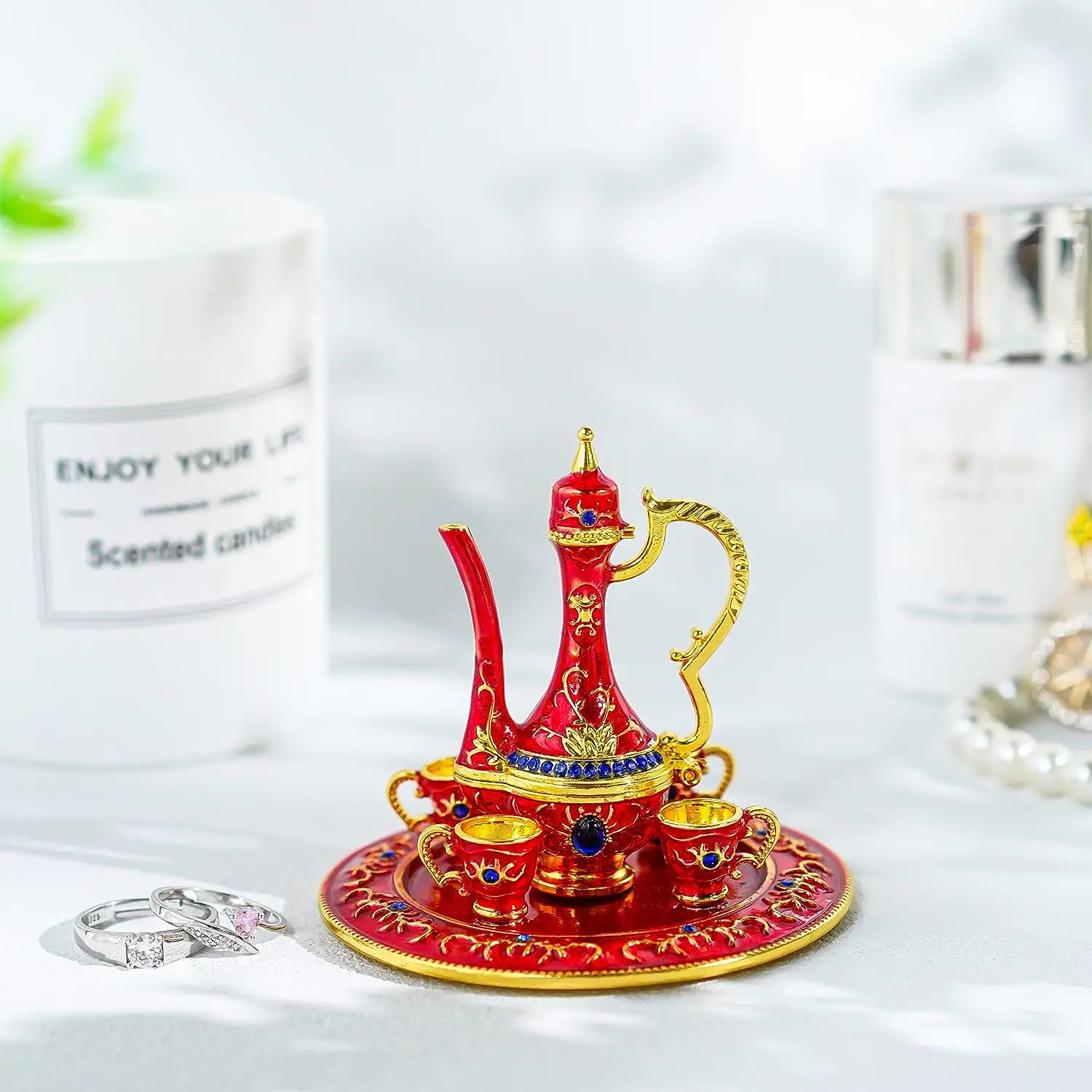 Teapot Jewelry Trinket Box Hinged Hand Painted Enamel Ring Holder for Home Decor Gift,3inch Europe Red Folk Art Modern Gua Tin