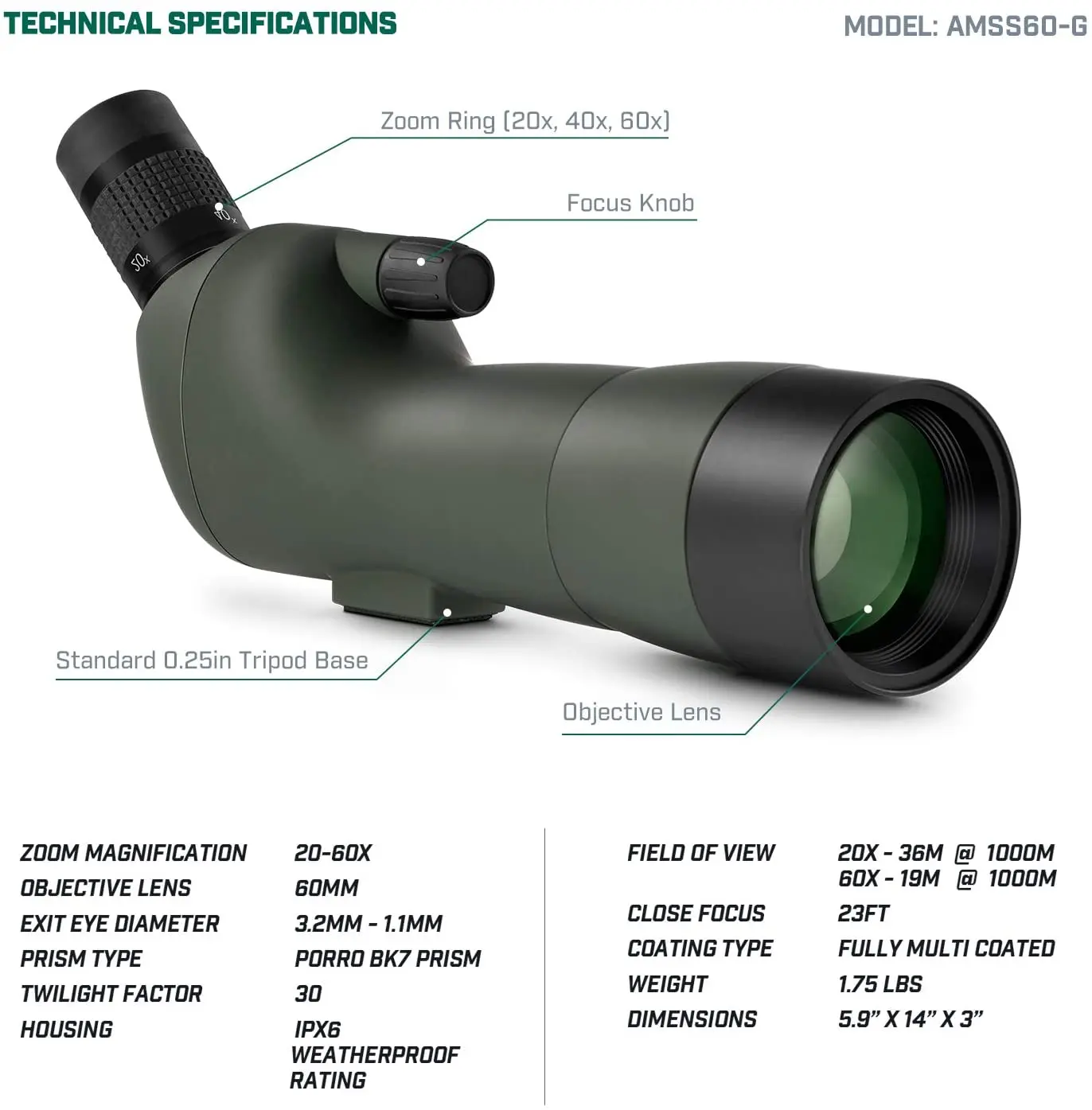 SUNCORE Spotting Scope for Target Shooting w/Tripod 20-60x60mm, Multi Coated Optical Lens