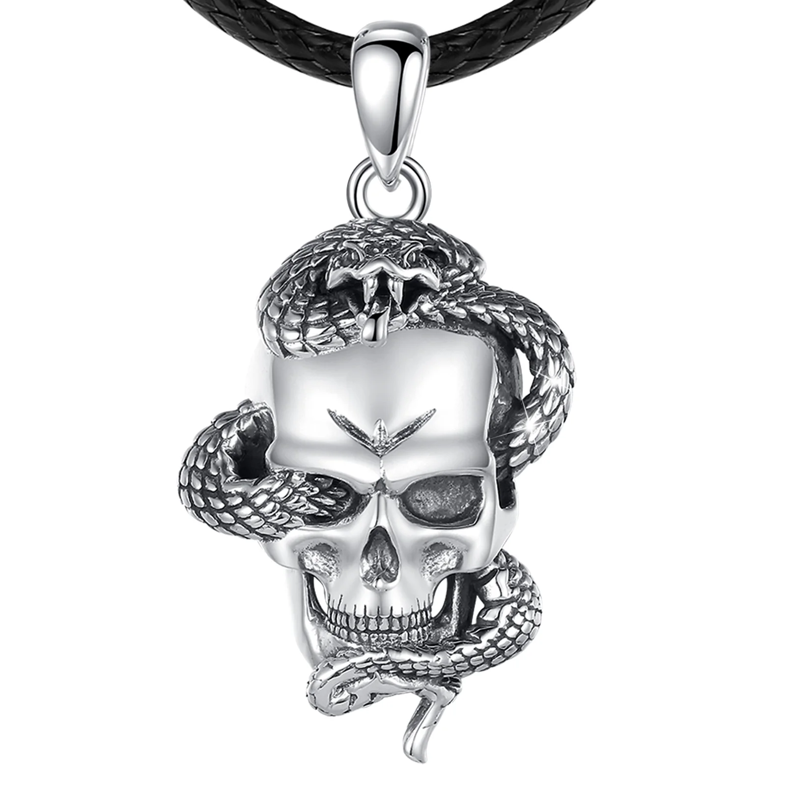 Changda gothic jewelry gift 925 Sterling silver snake black mamba vintage punk skull pendant necklace