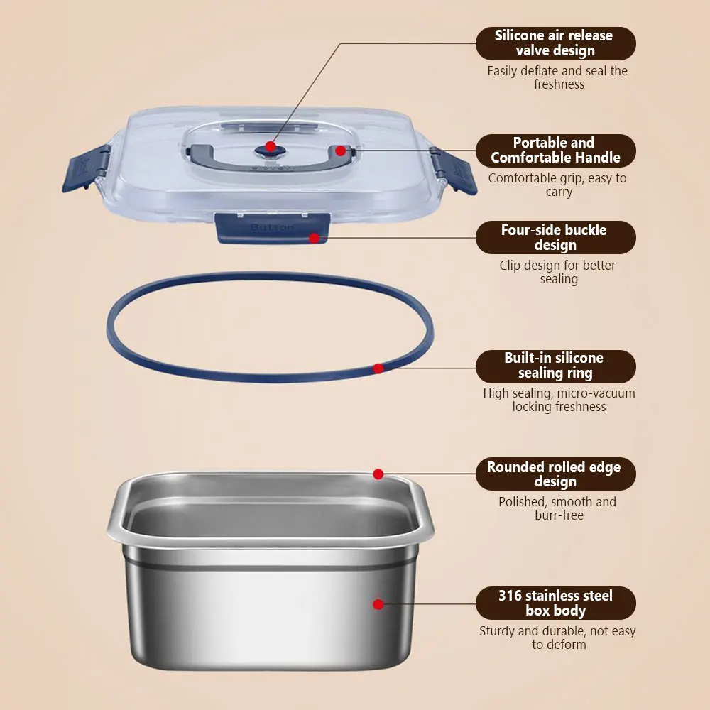 Microwave Safe Stainless Steel Bento Box Leak-Proof Square Tiffin Lunch Box School Newborns Metal Lunch Box Kids with Handle