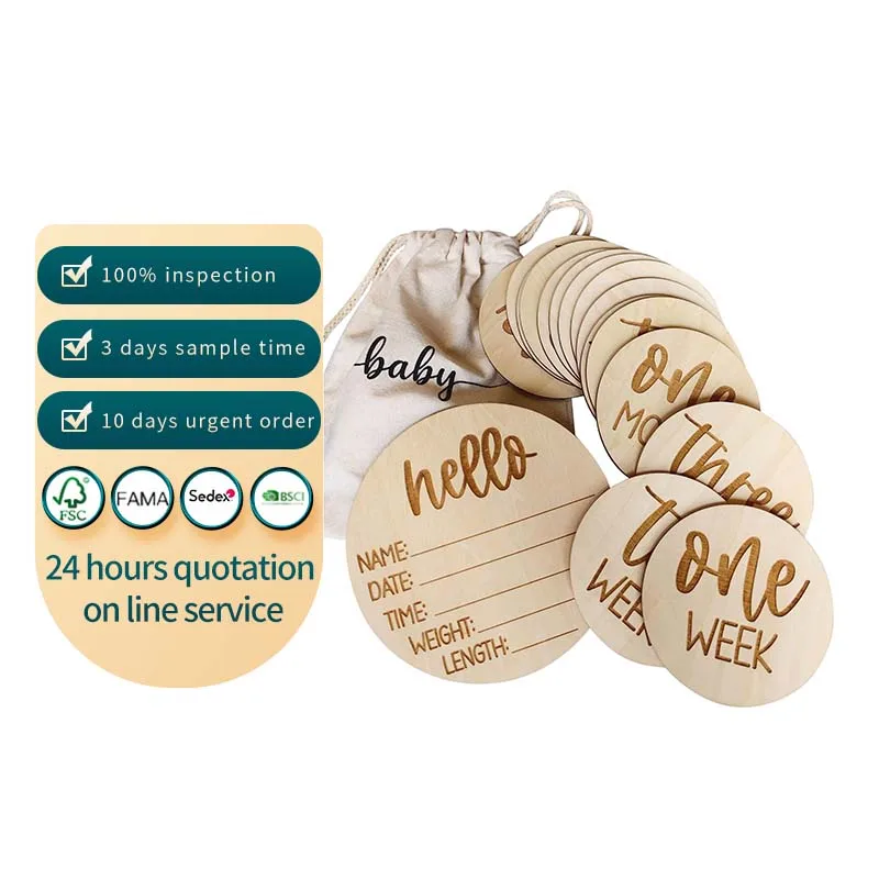 Wooden Milestone Cards and Discs baby card 16pc Set for Baby Photos with Hello World Sign and Monthly Cards from 1-12 Months