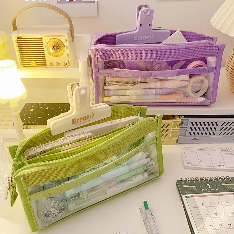 New Large Capacity Colorful Transparent PVC Pencil Bag for Girls Elementary School Simple Pencil Pouch Stationery Bag
