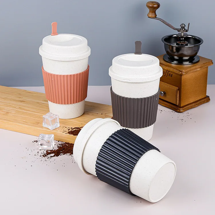 Classic Plastic PP Coffee Cup with Lid Portable Wheat Straw Hot Drink Mug for Office or Home Use