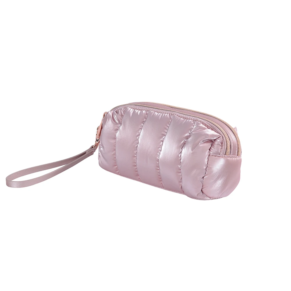 female small size handbag rose pink luxury color shining fabric zipper handbag 2 separate compartment metal buckle