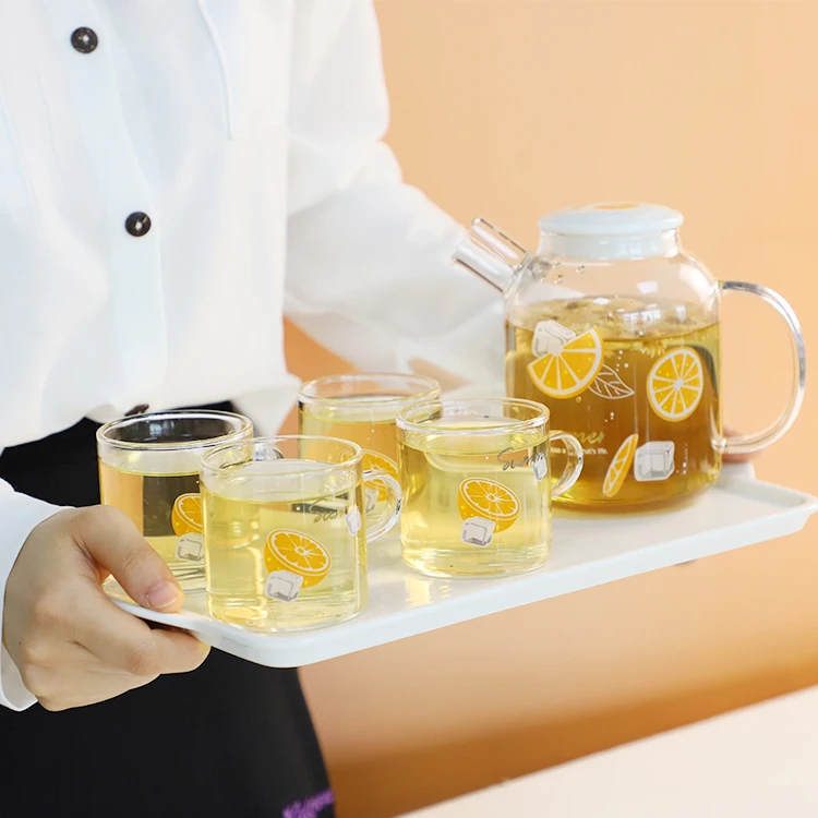 Glass Teapot Mugs Set, 30OZ/850ml Glass Tea Kettle with 4 Orange Tea Cups & Removable Infuser & Tea Warmer,