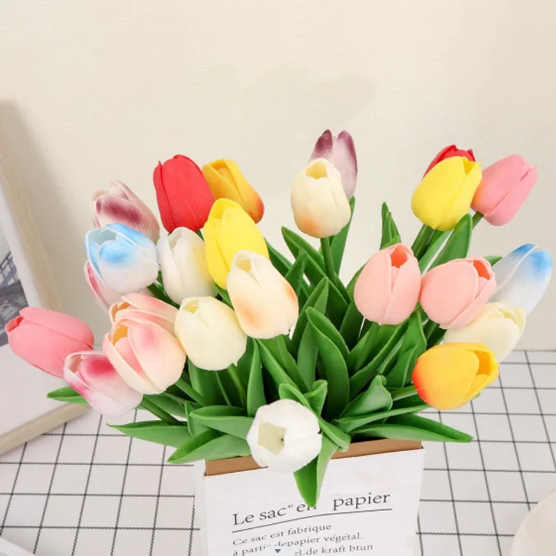 White Tulips Artificial Flower Real Touch Tulips Flowers White Fake Tulips Flowers For Home Table Decoration Wedding Party Decor