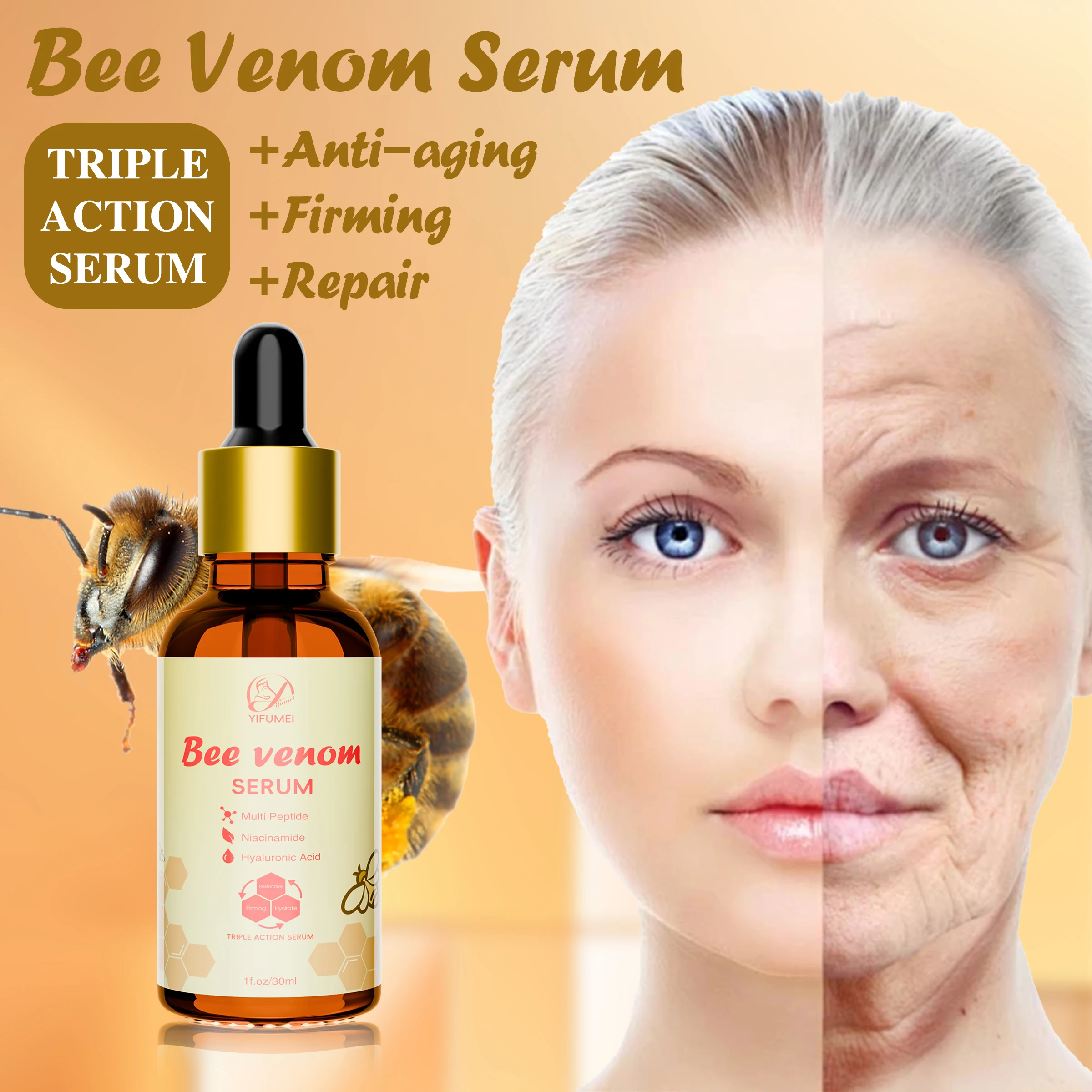 Private Label Triple Action With Multi Peptide Hyaluronic Acid Moisturizer Anti-Aging Anti-Wrinkle Face Repair Bee Venom Serum