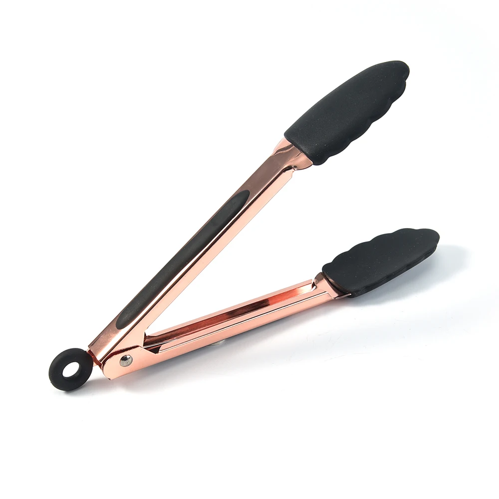 
America hot selling in stock 5pcs silicone mini utensil set with copper plated rose gold finished handle tongs whisk 