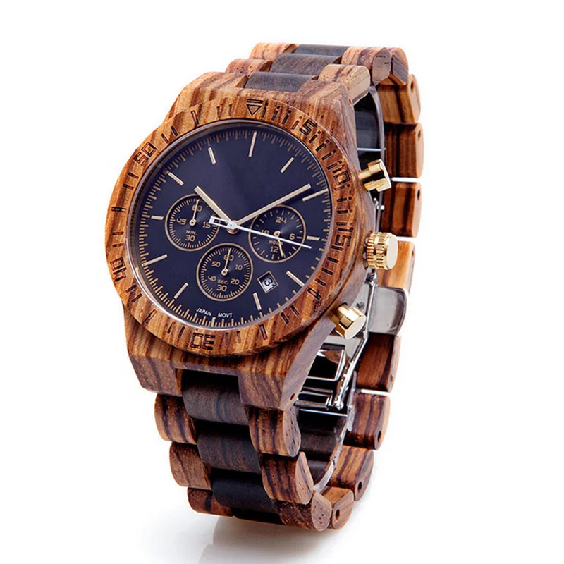 Classic Handmade Chronograph Timer Watch Men Watch with Wood Luxury Small Three Needle Limited Edition Quartz Analog Wooden