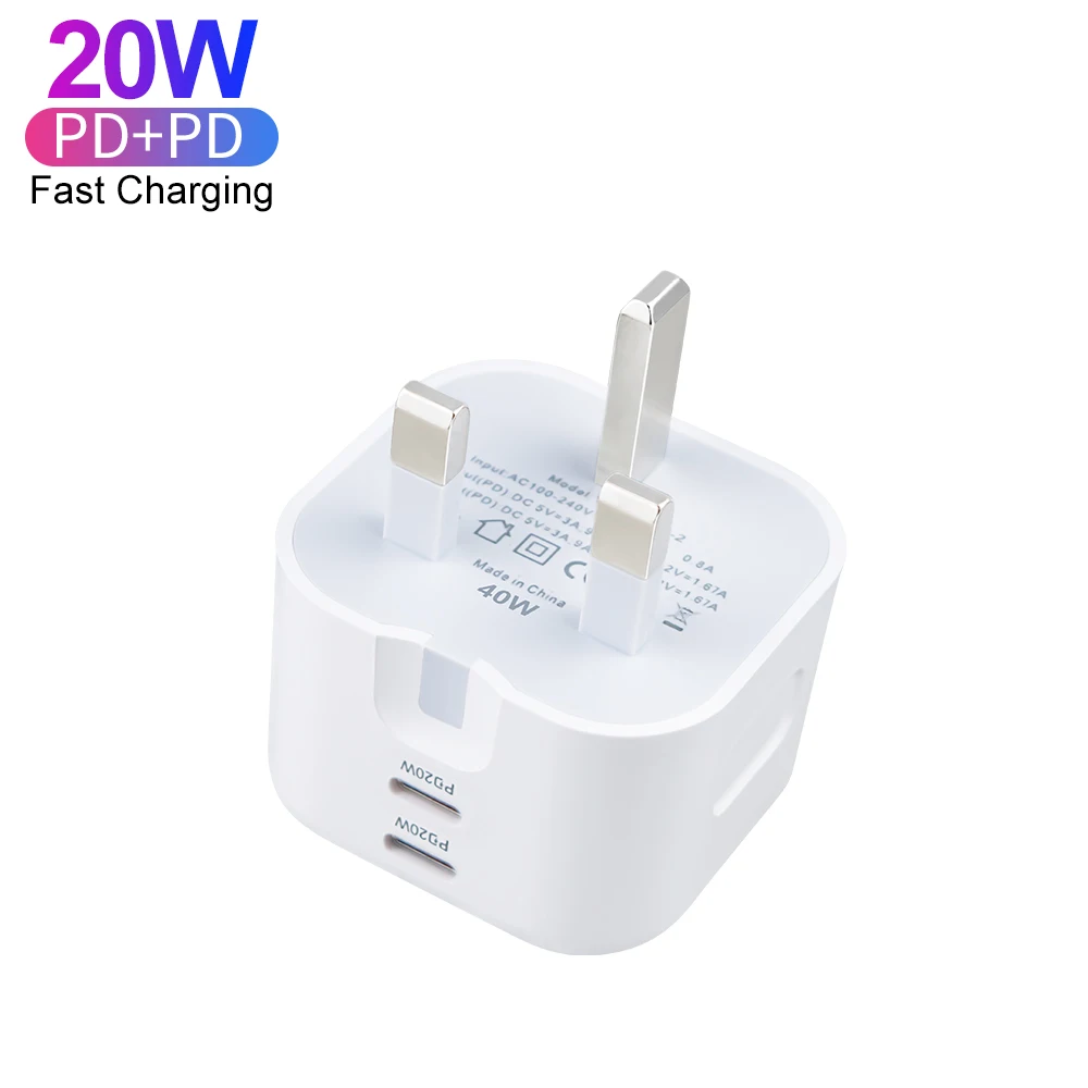 Charger UK Dual 20W USB C Port PD Fast Charger Type C Foldable Wall Charger UK Plug for iPhone 15 14 13 Pro Max