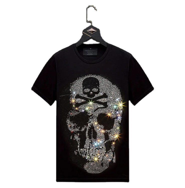 2022 New Fashion High Quality Rhinestone T-shirt For Men  Skull Print Custom Logo T-shirt