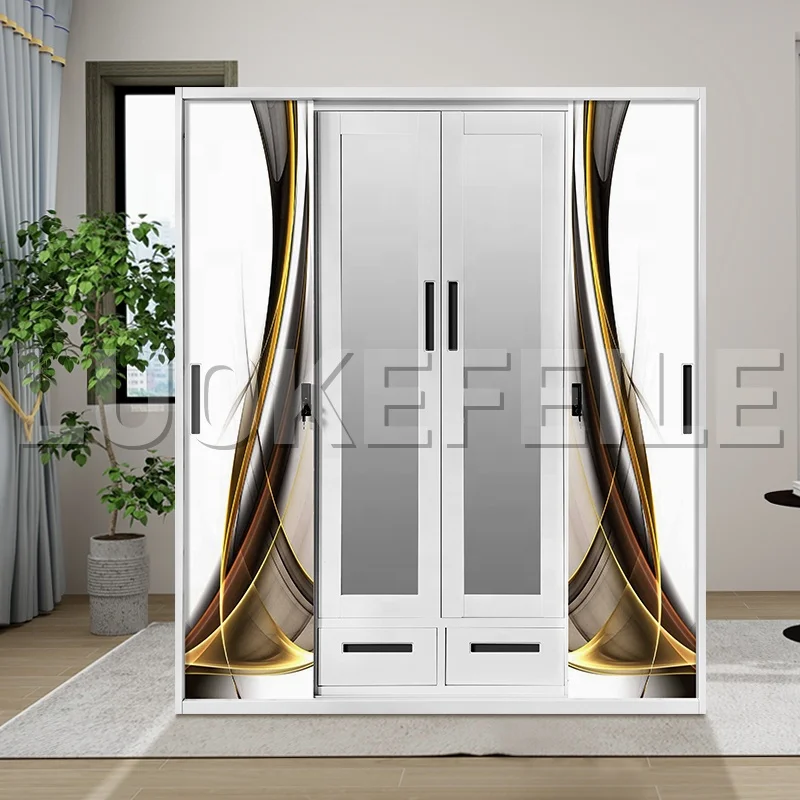 armoire almirah storage simple design 4 sliding couple cloth closet bedroom furniture steel metal wardrobes with mirrored doors