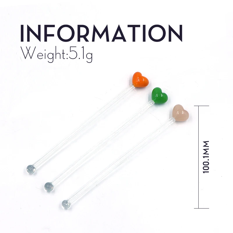 Eco Friendly Borosilicate Colorful Heart Shape Health Glass Stirring Rod Swizzle Stick Bar Tool Set