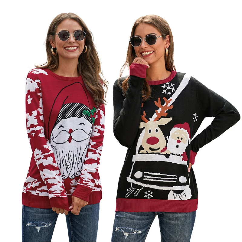 Зимняя одежда, Красный пуловер с принтом оленя, вязаный женский Уродливый Рождественский свитер