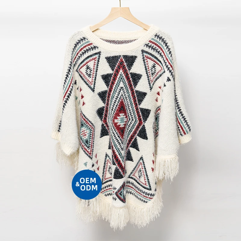 Wholesale New Design Fashion Winter Geometric Sweater Tassels Lace Ethnic Scarves Shawls for Women