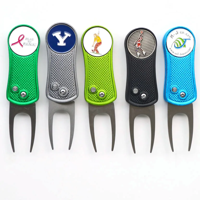 Switch blade divot tool Metal Golf Divot Repair Tool with Custom Ball Marker 10 Colors Available Stainless Steel Pitchfork