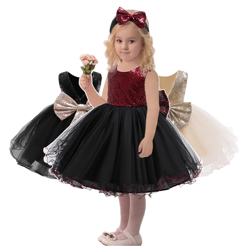 Kids Sequins Dress 1-6 Years Children Girls Backless Black Dress Princess Tulle Dresses Flower Girl Party Frocks for Kids