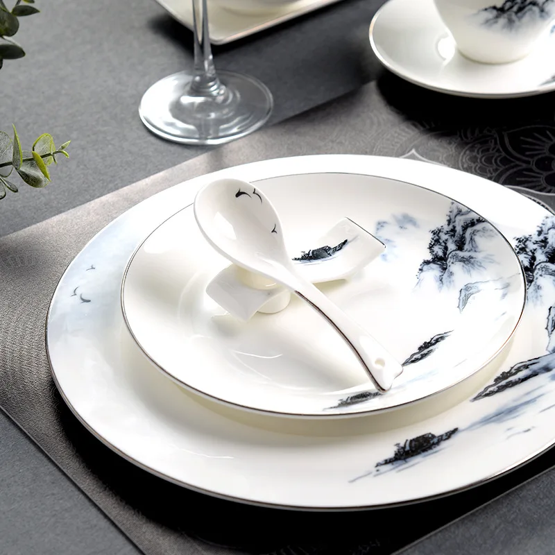 Chinese Brush Painting  Hotel Tableware Set for Restaurant Supplies Ceramic Bone China Dishes