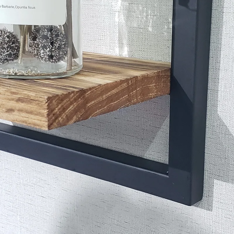 Black Wrought Iron Rack Display Natural Wooden Vintage Multi-function Wall Shelf for Living Room