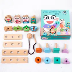 Educational building toy wooden lacing beads Wooden Animal Screw Set Toy