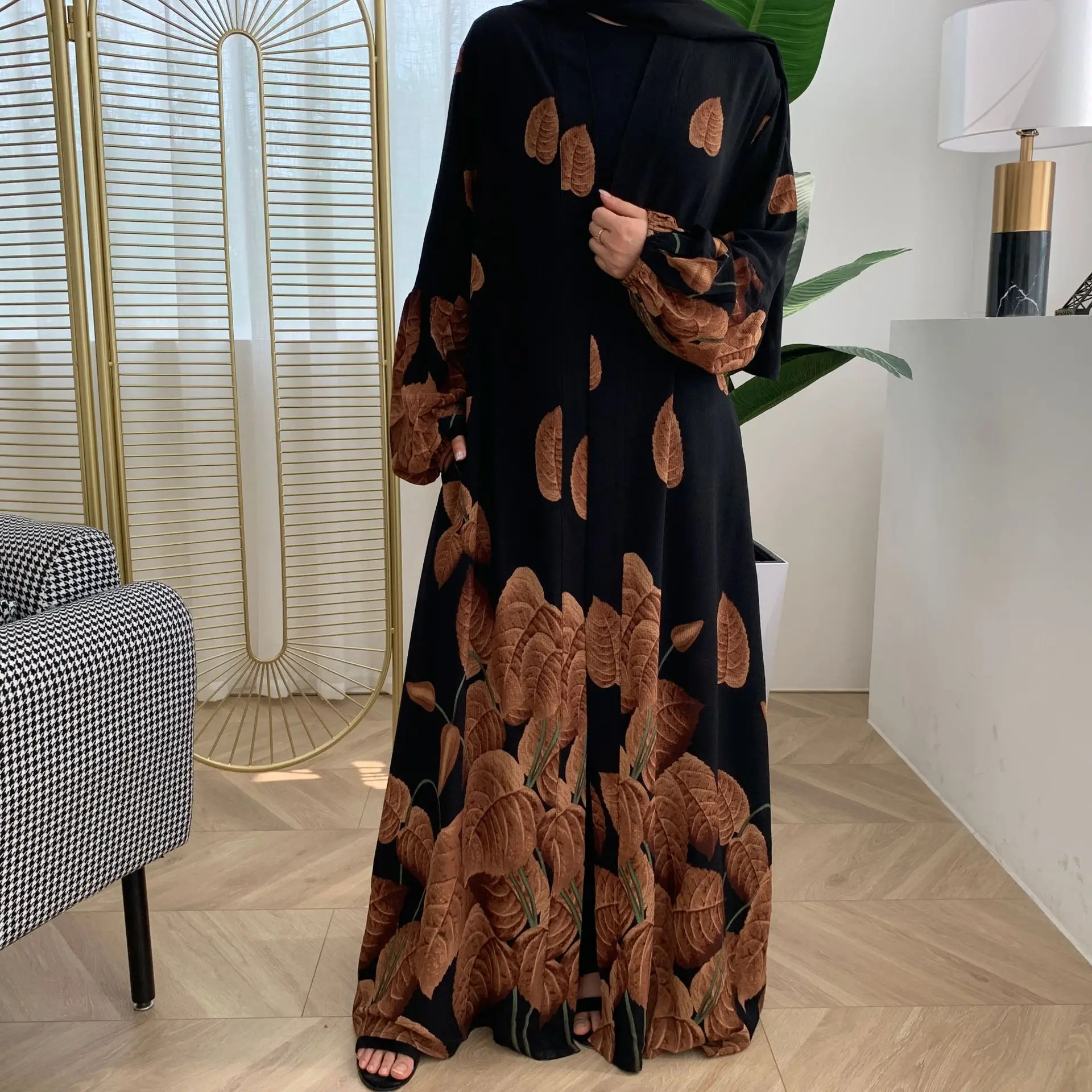 Ramadan New Arrival Bubble Chiffon Leaf-Print Abaya Long Gowns Jubah Middle East Arab Islamic Clothing