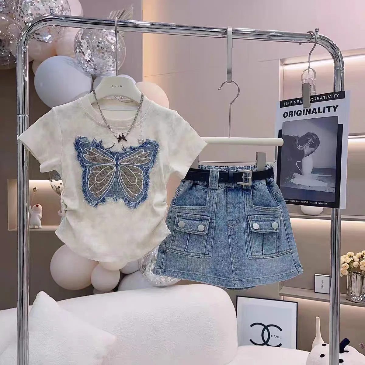 Girls 2024 Summer New Kid Girls Butterfly T-shirt+denim A-line Skirt 2 PCS Set Clothes