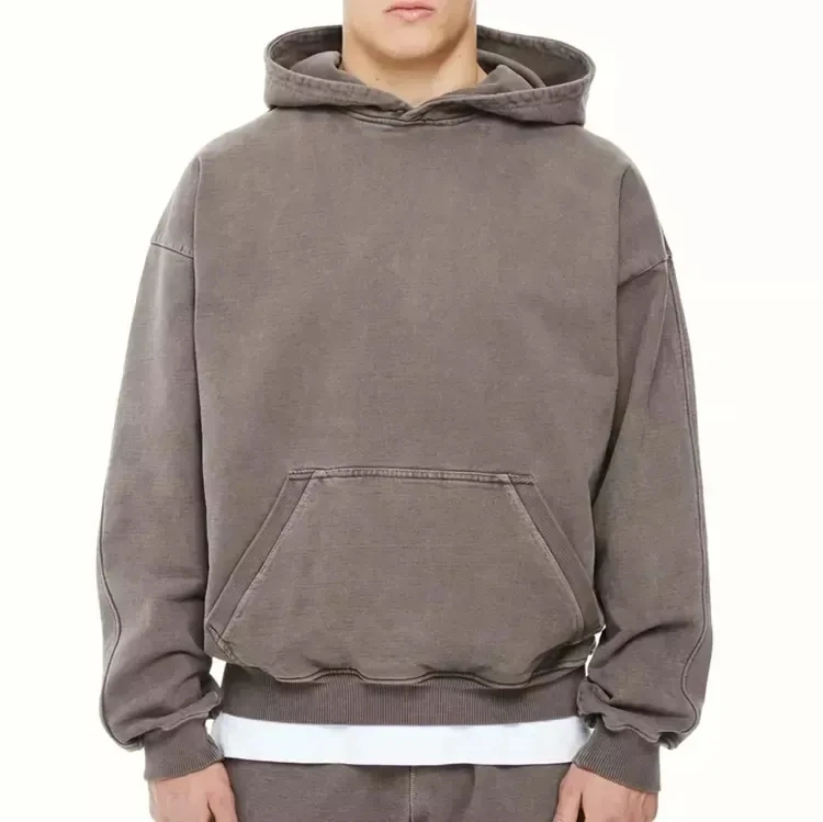 Custom High Quality Heavyweight Vintage wash Hoodie Pullover Cotton Drop Shoulder Hoodies No String Acid Washed Hoodies