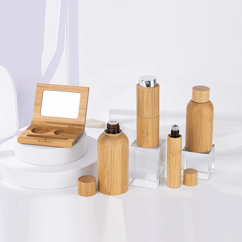 Empty Natural bamboo wood cosmetic perfume roll on glass dropper bottles lip tube container