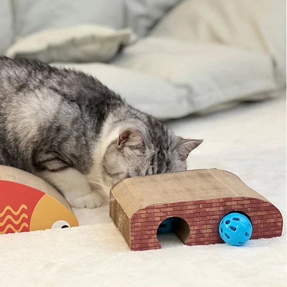 OEM Customized 2-in-1 Rectangle Arch Corrugated Cardboard Interactive Toy Cat Scratcher Lounge Bed Playing Made Durable Paper