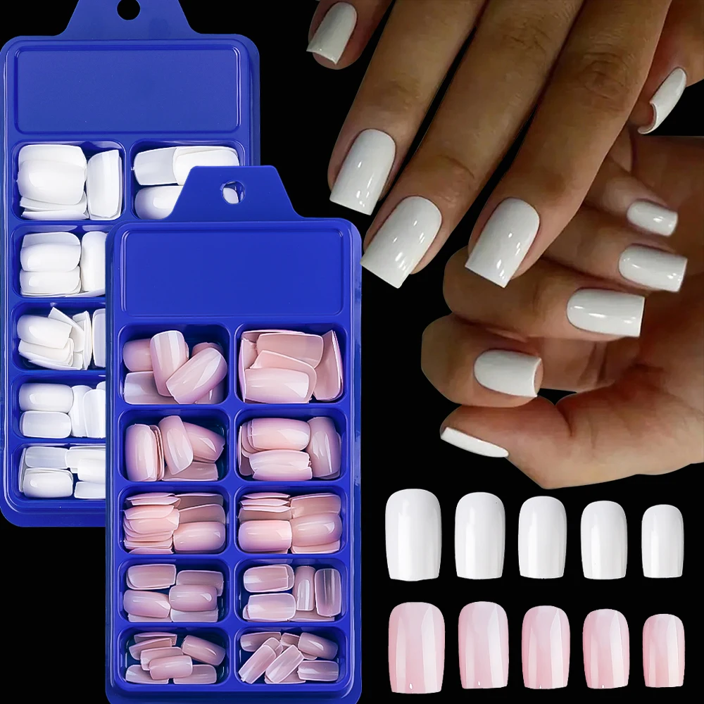 100Pcs Light Pink Acrylic False Nails Tips Short Medium Square Press on Nails Reusable Full Cover False Nails Finger Extension