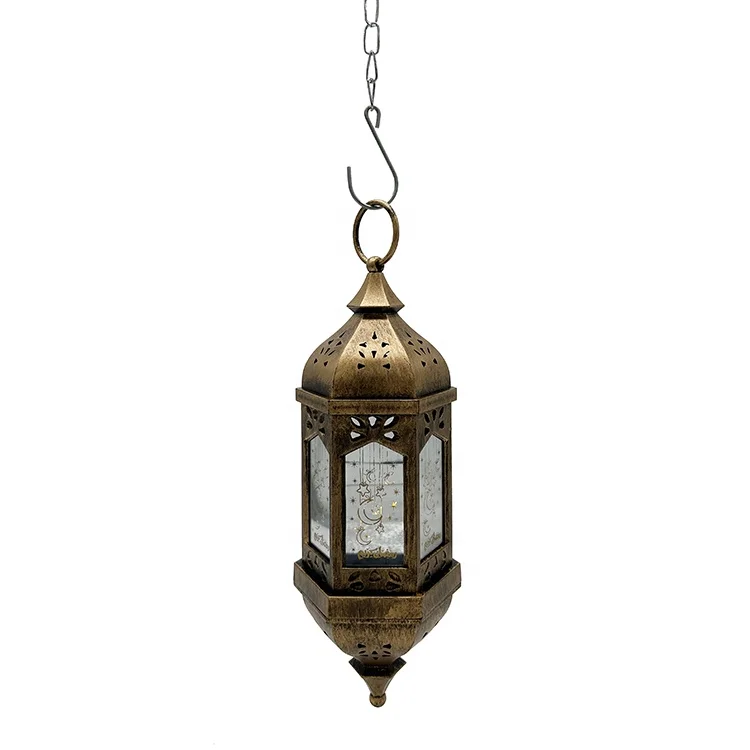 Superwin RTS Ramadan Lantern With Music Medium hexagon 10LED copper wire chandelier electroplated  chain  Muslim Islam Festival